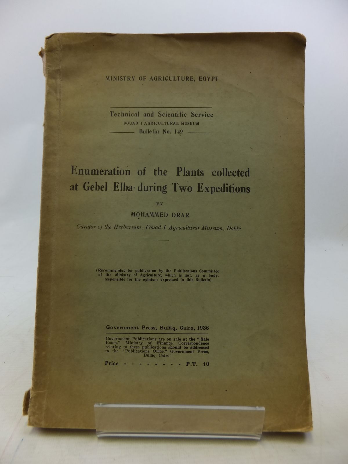Photo of ENUMERATION OF THE PLANTS COLLECTED AT GEBEL ELBA DURING TWO EXPEDITIONS written by Drar, Mohammed published by Government Press, Bulaq (STOCK CODE: 1809062)  for sale by Stella & Rose's Books
