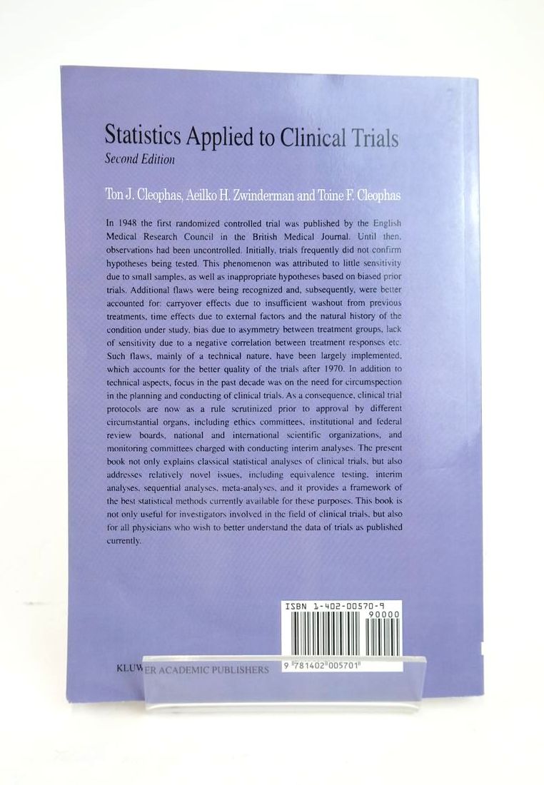 Photo of STATISTICS APPLIED TO CLINICAL TRIALS written by Cleophas, Ton J.
Zwinderman, Aeilko H.
Cleophas, Toine F. published by Kluwer Academic Publishers (STOCK CODE: 1820875)  for sale by Stella & Rose's Books
