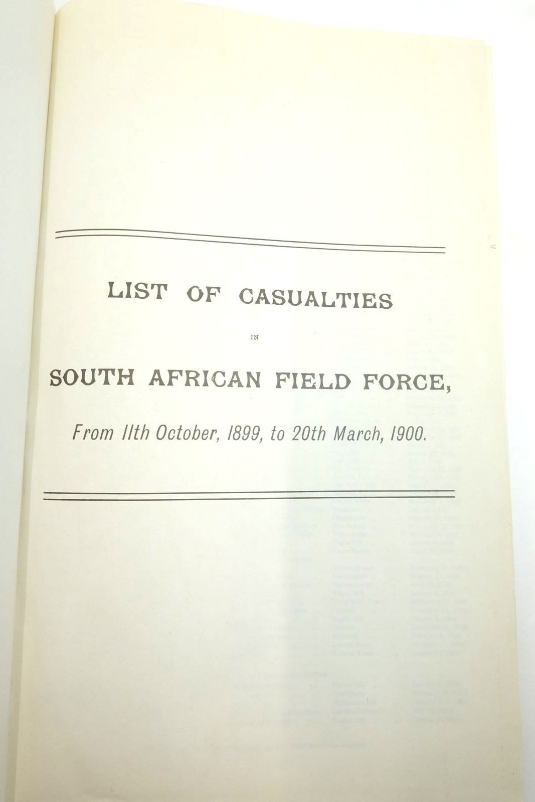 Photo of LIST OF CASUALTIES IN SOUTH AFRICAN FIELD FORCE, FROM 11TH OCTOBER, 1899, TO 20TH MARCH, 1900 published by Oaklands (STOCK CODE: 2138084)  for sale by Stella & Rose's Books