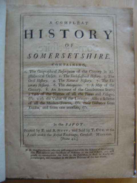 Photo of A COMPLEAT HISTORY OF SOMERSETSHIRE published by E. And R. Nutt (STOCK CODE: 576344)  for sale by Stella & Rose's Books